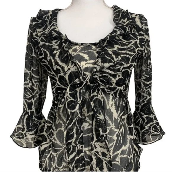 VERSATILE THREAD / Black & Cream Sheer Ruffle Front Tie Blouse - Picture 9 of 11